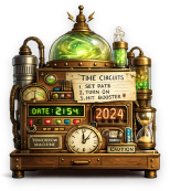 The homemade Trisha & Door Tomorrow Machine displayed as a small toy invention on a cabinet shelf.
