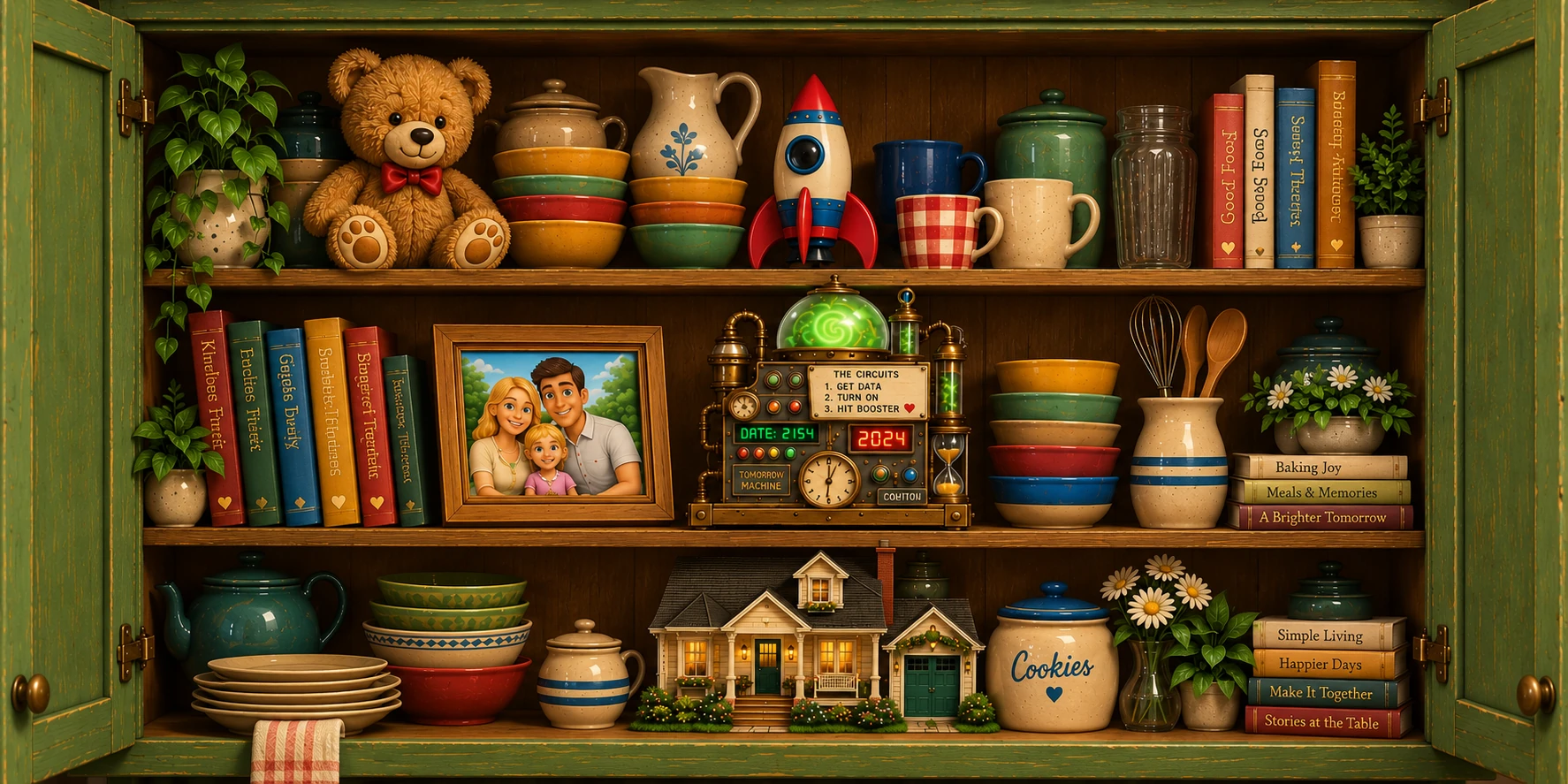 The Family Memory Cabinet, an illustrated wooden cabinet filled with cherished objects from the Trisha and Door story.